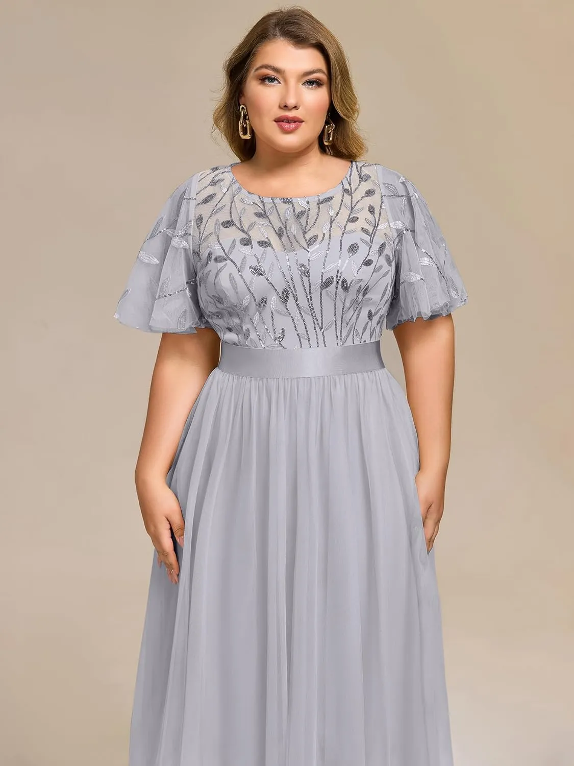 Ever-Pretty Plus Women's Round Neck Embroidery Short Sleeves Sequin Tulle Midi Plus Size Cocktail Wedding Guest Dresses