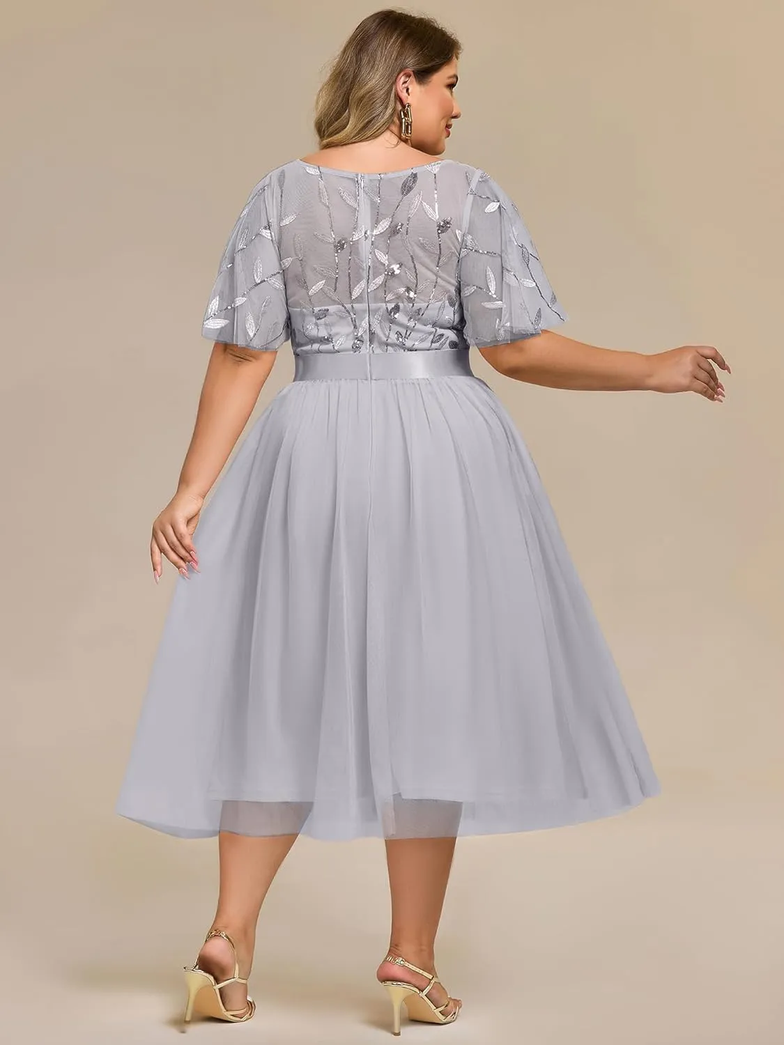 Ever-Pretty Plus Women's Round Neck Embroidery Short Sleeves Sequin Tulle Midi Plus Size Cocktail Wedding Guest Dresses