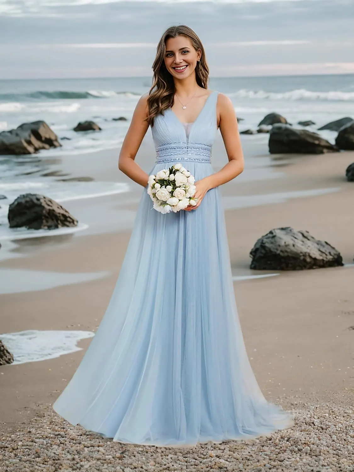 Ever-Pretty Women's Elegant V-Neck Sleeveless Tulle Ruched A-Line Casual Wedding Dresses for Bride 0096A