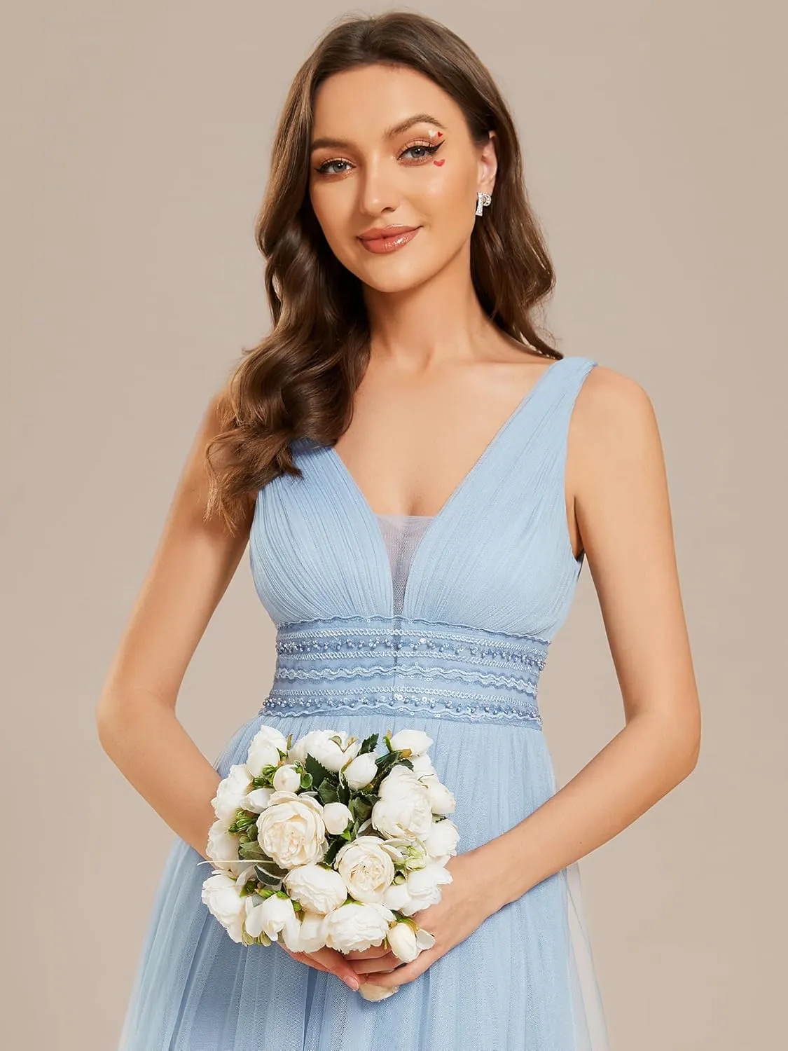 Ever-Pretty Women's Elegant V-Neck Sleeveless Tulle Ruched A-Line Casual Wedding Dresses for Bride 0096A