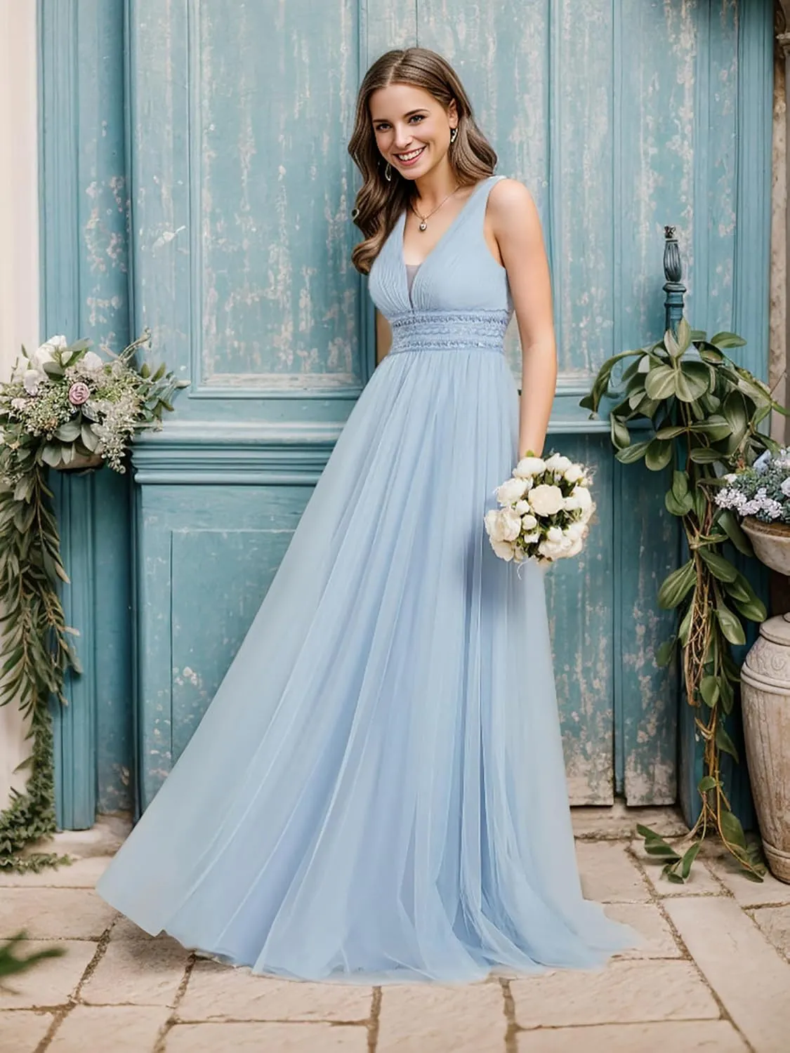 Ever-Pretty Women's Elegant V-Neck Sleeveless Tulle Ruched A-Line Casual Wedding Dresses for Bride 0096A