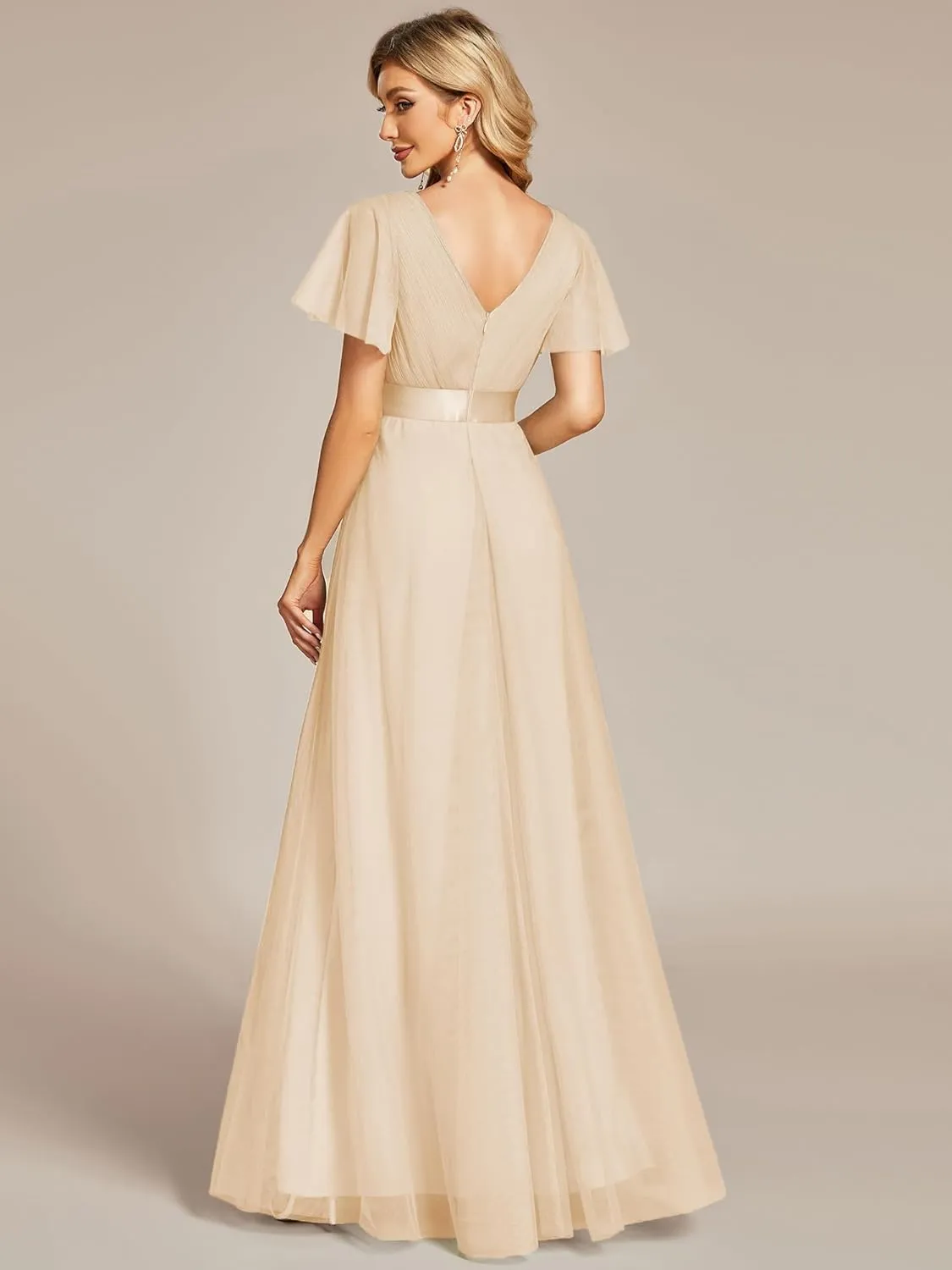 Ever-Pretty Women's Mother of Bride Dress Double V-Neck Empire Waist Front Wrap Tulle Bridesmaid Dress 07962