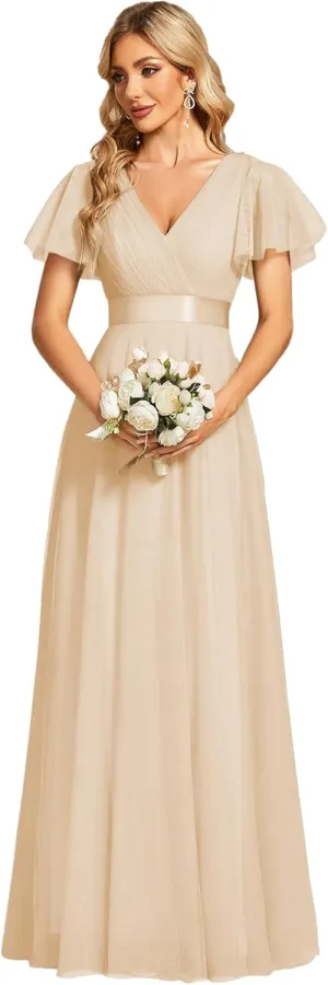 Ever-Pretty Women's Mother of Bride Dress Double V-Neck Empire Waist Front Wrap Tulle Bridesmaid Dress 07962