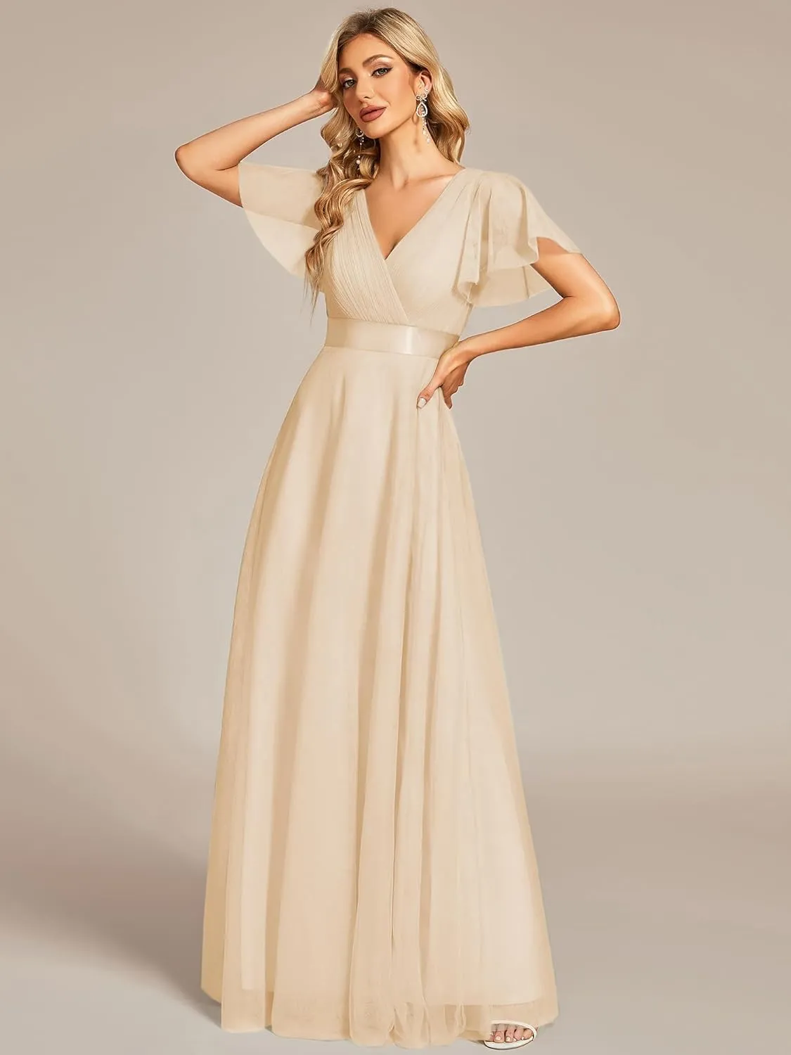 Ever-Pretty Women's Mother of Bride Dress Double V-Neck Empire Waist Front Wrap Tulle Bridesmaid Dress 07962