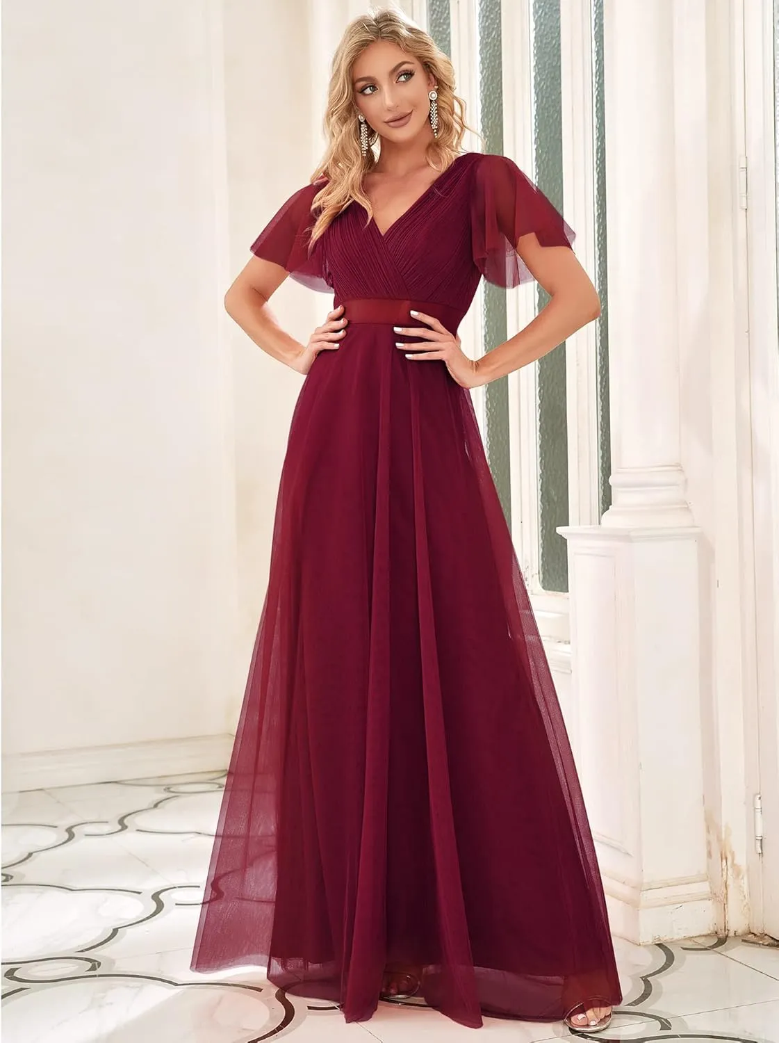 Ever-Pretty Women's Mother of Bride Dress Double V-Neck Empire Waist Front Wrap Tulle Bridesmaid Dress 07962