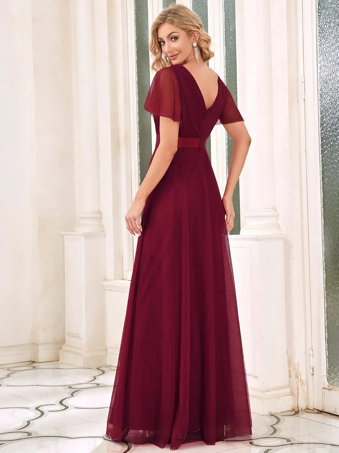 Ever-Pretty Women's Mother of Bride Dress Double V-Neck Empire Waist Front Wrap Tulle Bridesmaid Dress 07962