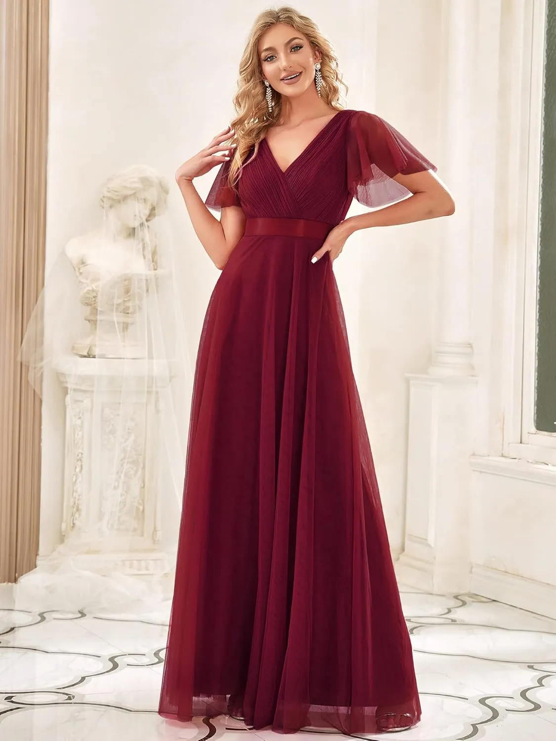 Ever-Pretty Women's Mother of Bride Dress Double V-Neck Empire Waist Front Wrap Tulle Bridesmaid Dress 07962