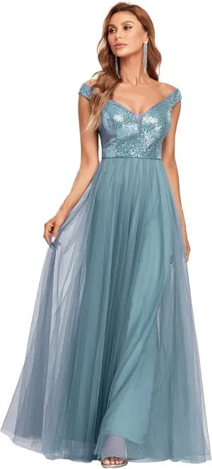 Ever-Pretty Womens V Neck Sequin Tulle A Line Evening Formal Dress 00279