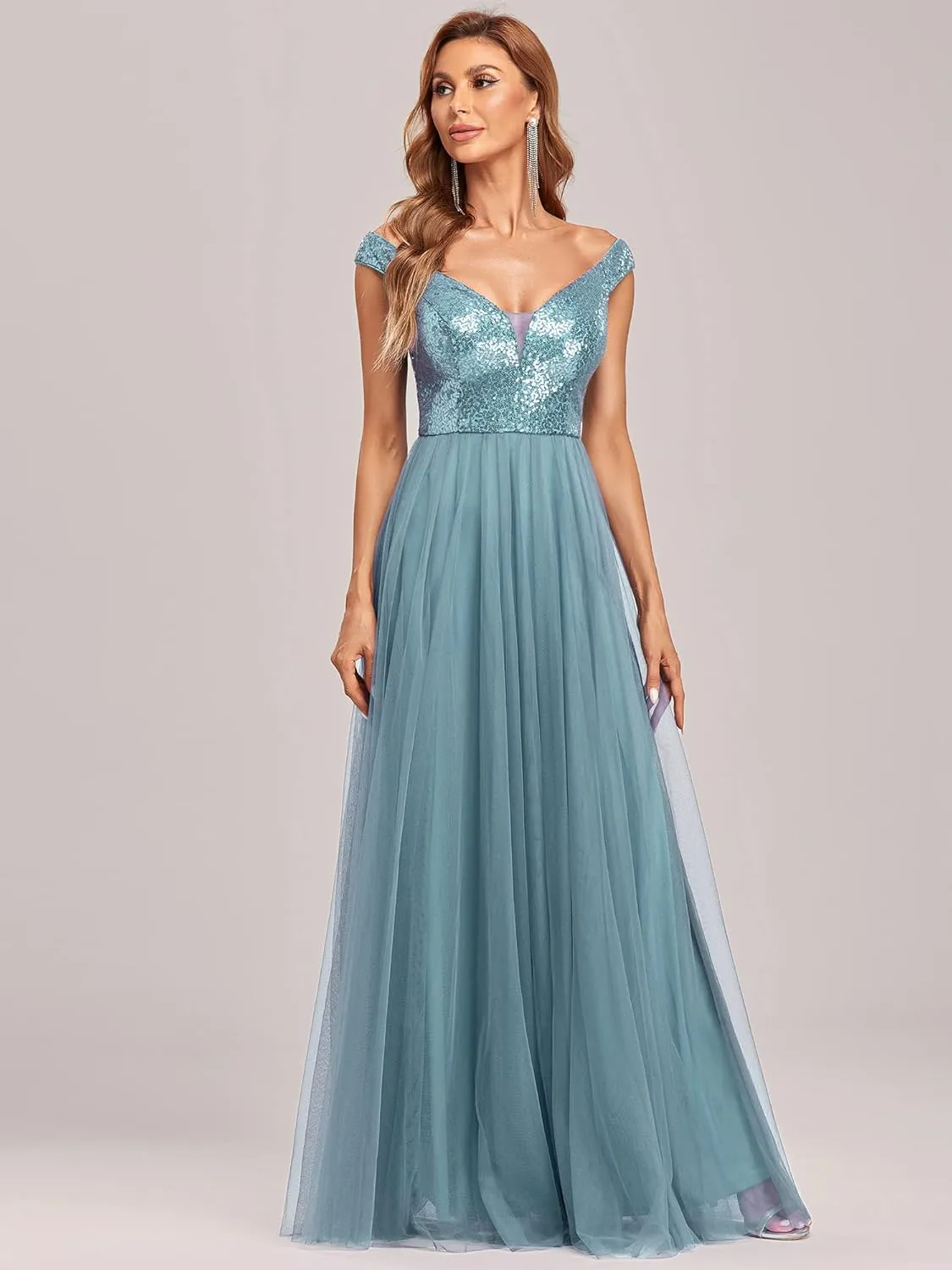 Ever-Pretty Womens V Neck Sequin Tulle A Line Evening Formal Dress 00279