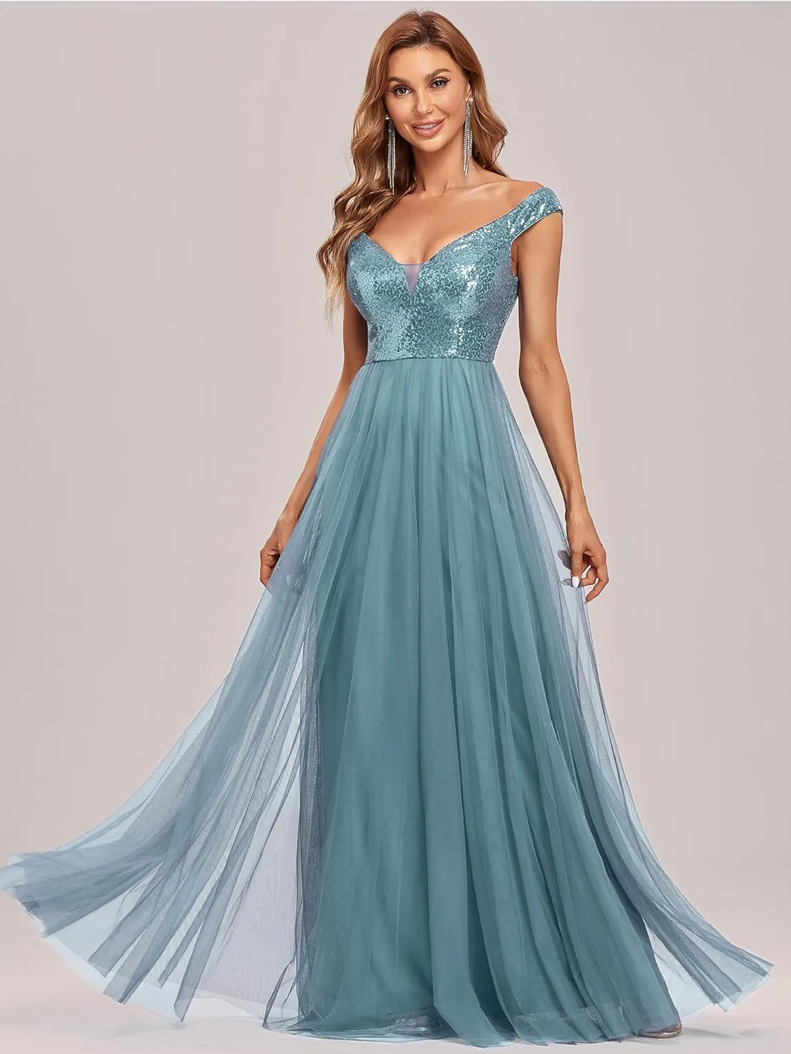 Ever-Pretty Womens V Neck Sequin Tulle A Line Evening Formal Dress 00279