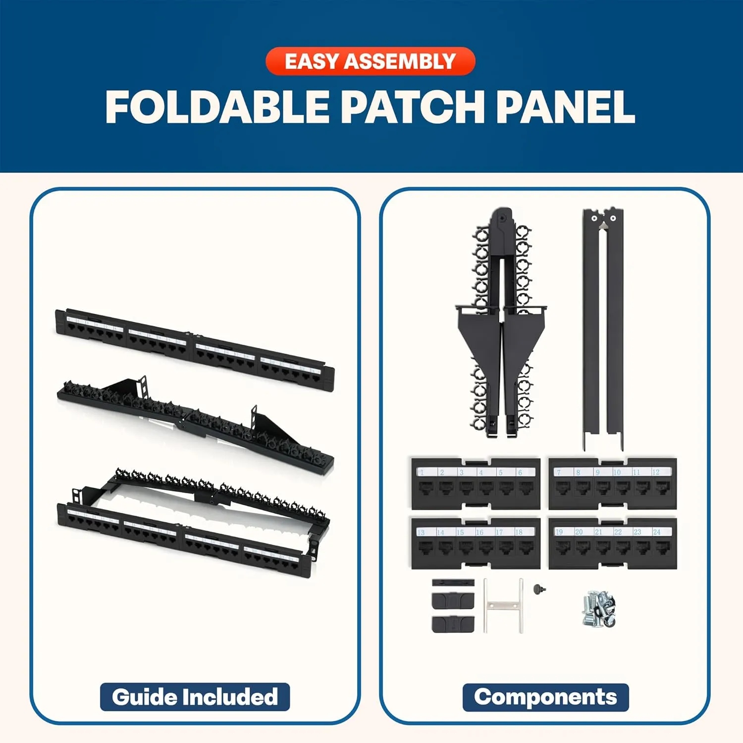 Everest RJ45 24 Port Cat6 / 6A Patch Panel – Modular 6-Port Removable Panels for Easy Access – 1U Rack Mountable Network Panel – 10Gb Connection Panel – 110 or Krone Tool Compatible