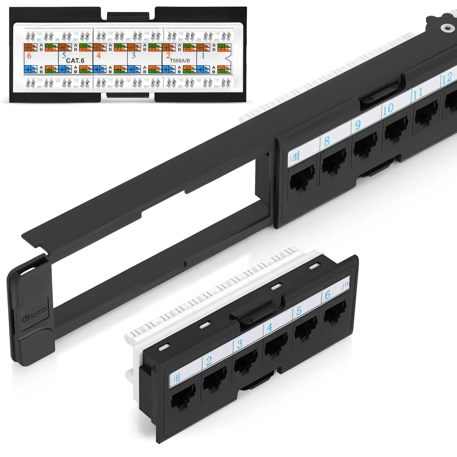 Everest RJ45 24 Port Cat6 / 6A Patch Panel – Modular 6-Port Removable Panels for Easy Access – 1U Rack Mountable Network Panel – 10Gb Connection Panel – 110 or Krone Tool Compatible