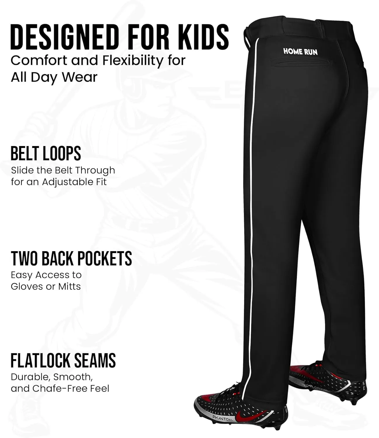 Exxact Sports Home Run Boys Baseball Pants - Full-Length, Semi-Relaxed Fit, Open-Bottom Youth Baseball Pants