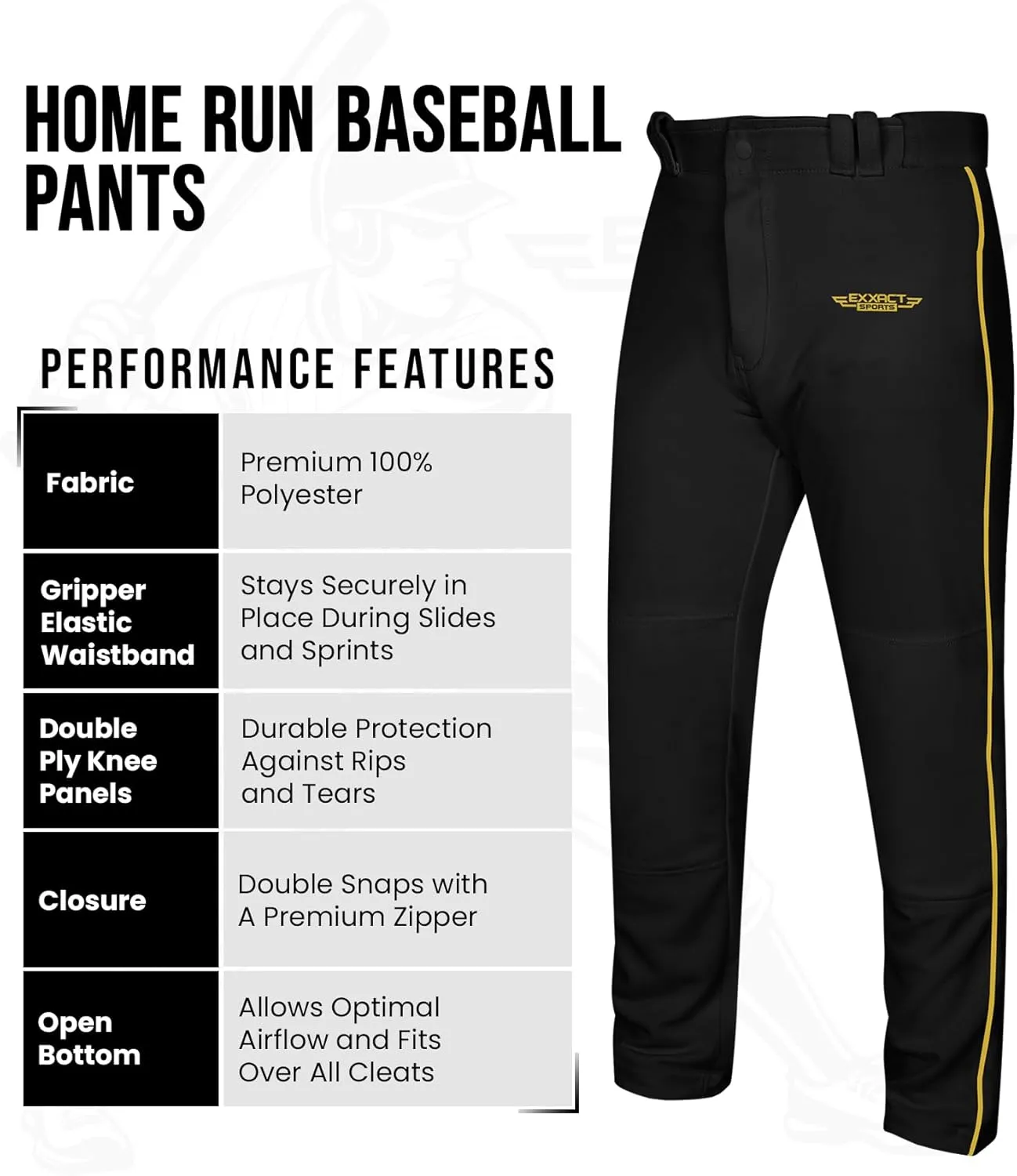 Exxact Sports Home Run Boys Baseball Pants - Full-Length, Semi-Relaxed Fit, Open-Bottom Youth Baseball Pants