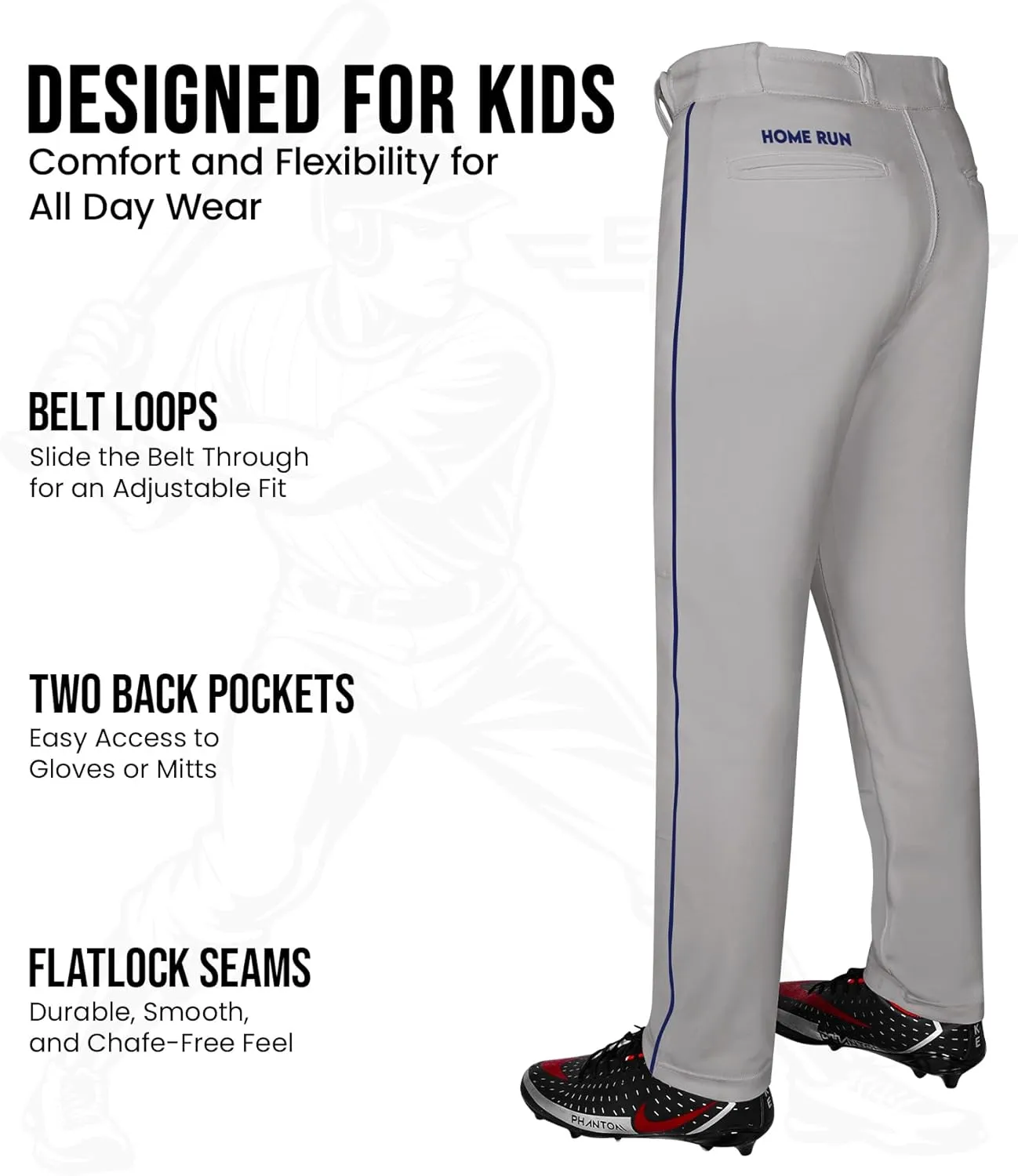 Exxact Sports Home Run Boys Baseball Pants - Full-Length, Semi-Relaxed Fit, Open-Bottom Youth Baseball Pants