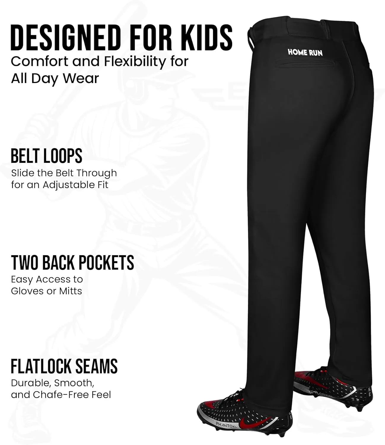 Exxact Sports Home Run Boys Baseball Pants - Full-Length, Semi-Relaxed Fit, Open-Bottom Youth Baseball Pants