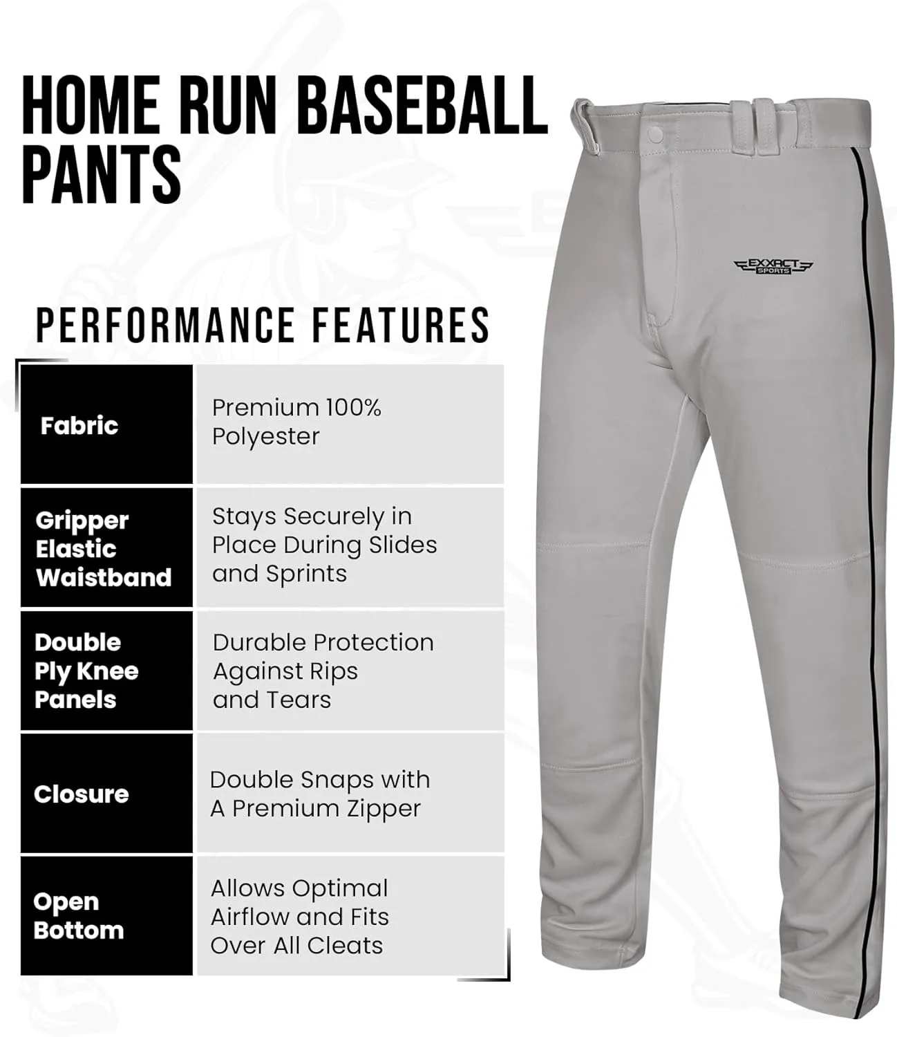 Exxact Sports Home Run Boys Baseball Pants - Full-Length, Semi-Relaxed Fit, Open-Bottom Youth Baseball Pants