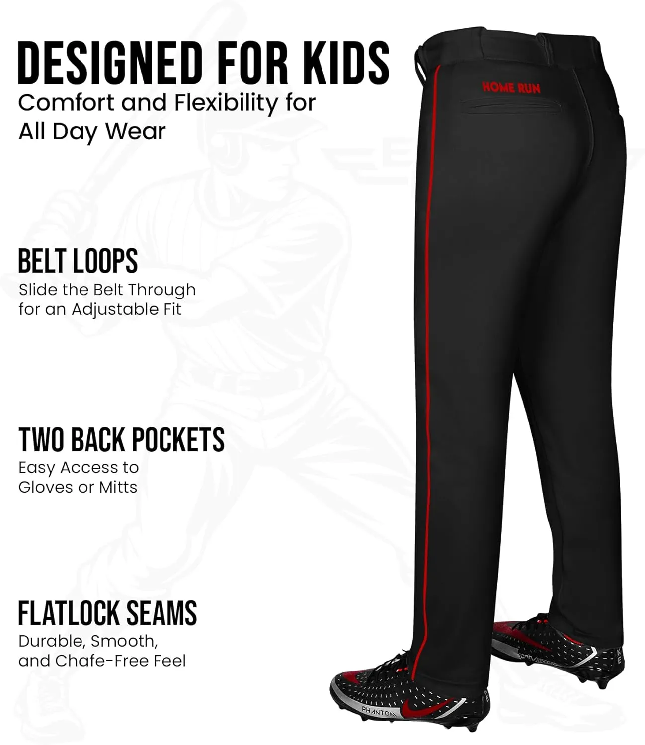 Exxact Sports Home Run Boys Baseball Pants - Full-Length, Semi-Relaxed Fit, Open-Bottom Youth Baseball Pants
