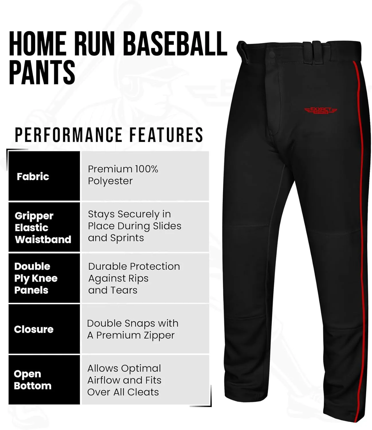 Exxact Sports Home Run Boys Baseball Pants - Full-Length, Semi-Relaxed Fit, Open-Bottom Youth Baseball Pants