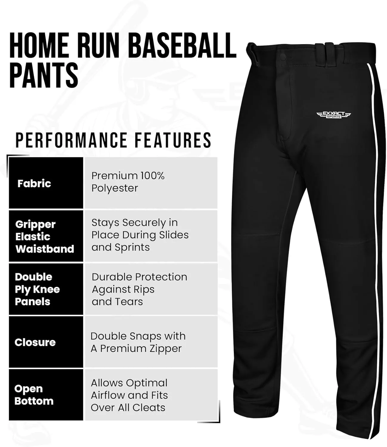 Exxact Sports Home Run Boys Baseball Pants - Full-Length, Semi-Relaxed Fit, Open-Bottom Youth Baseball Pants