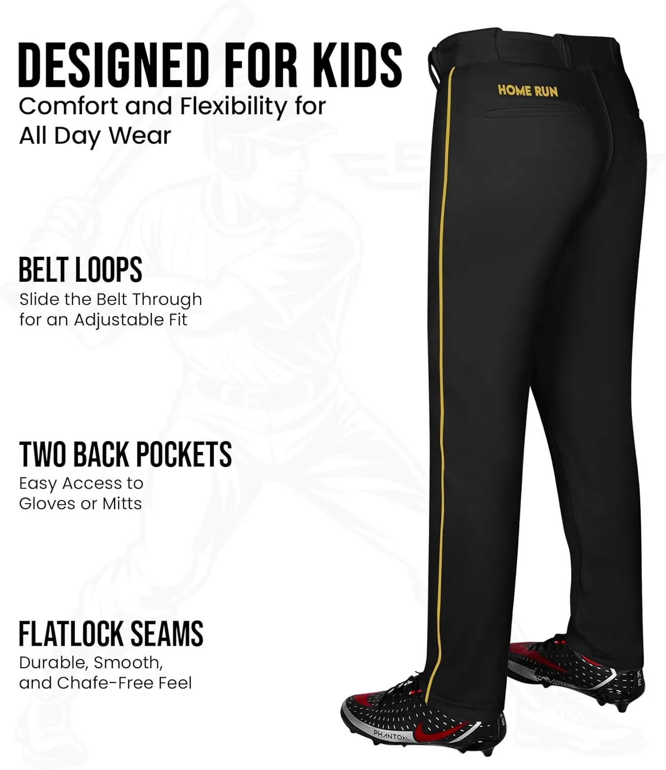 Exxact Sports Home Run Boys Baseball Pants - Full-Length, Semi-Relaxed Fit, Open-Bottom Youth Baseball Pants