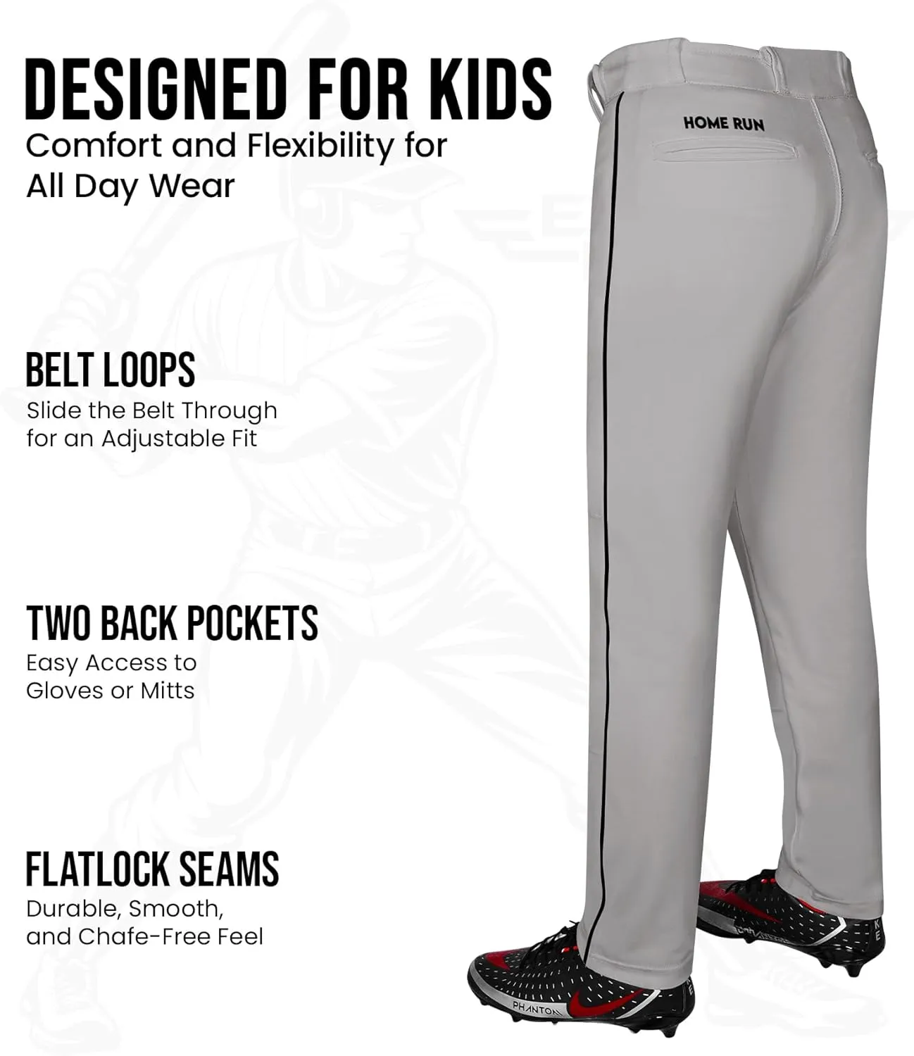 Exxact Sports Home Run Boys Baseball Pants - Full-Length, Semi-Relaxed Fit, Open-Bottom Youth Baseball Pants