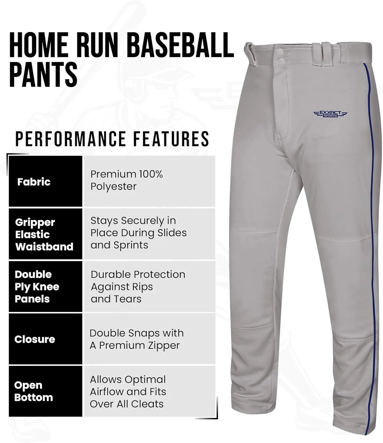 Exxact Sports Home Run Men's Baseball Pants - Full-Length, Semi-Relaxed Fit, Open-Bottom Adult Baseball Pants