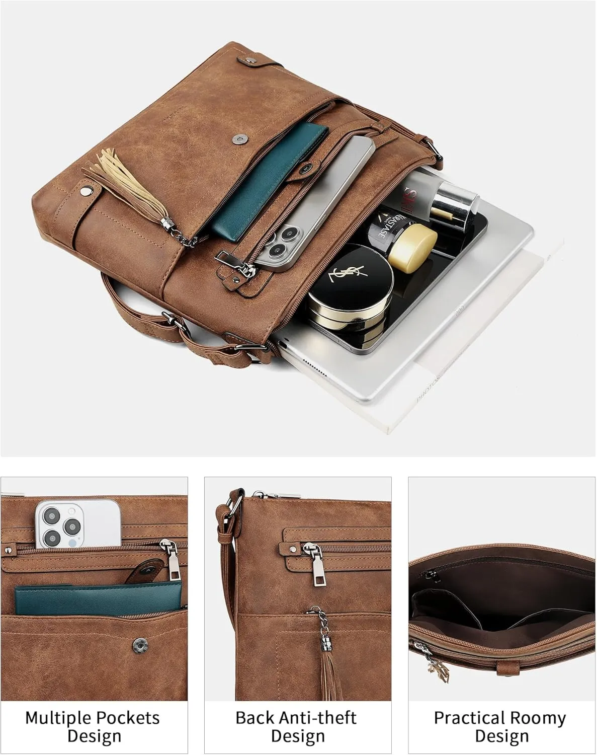 FADEON Large Crossbody Purses for Women Crossbody Bag, Designer Leather Cross Body Purses Multi Pocket Shoulder Bag