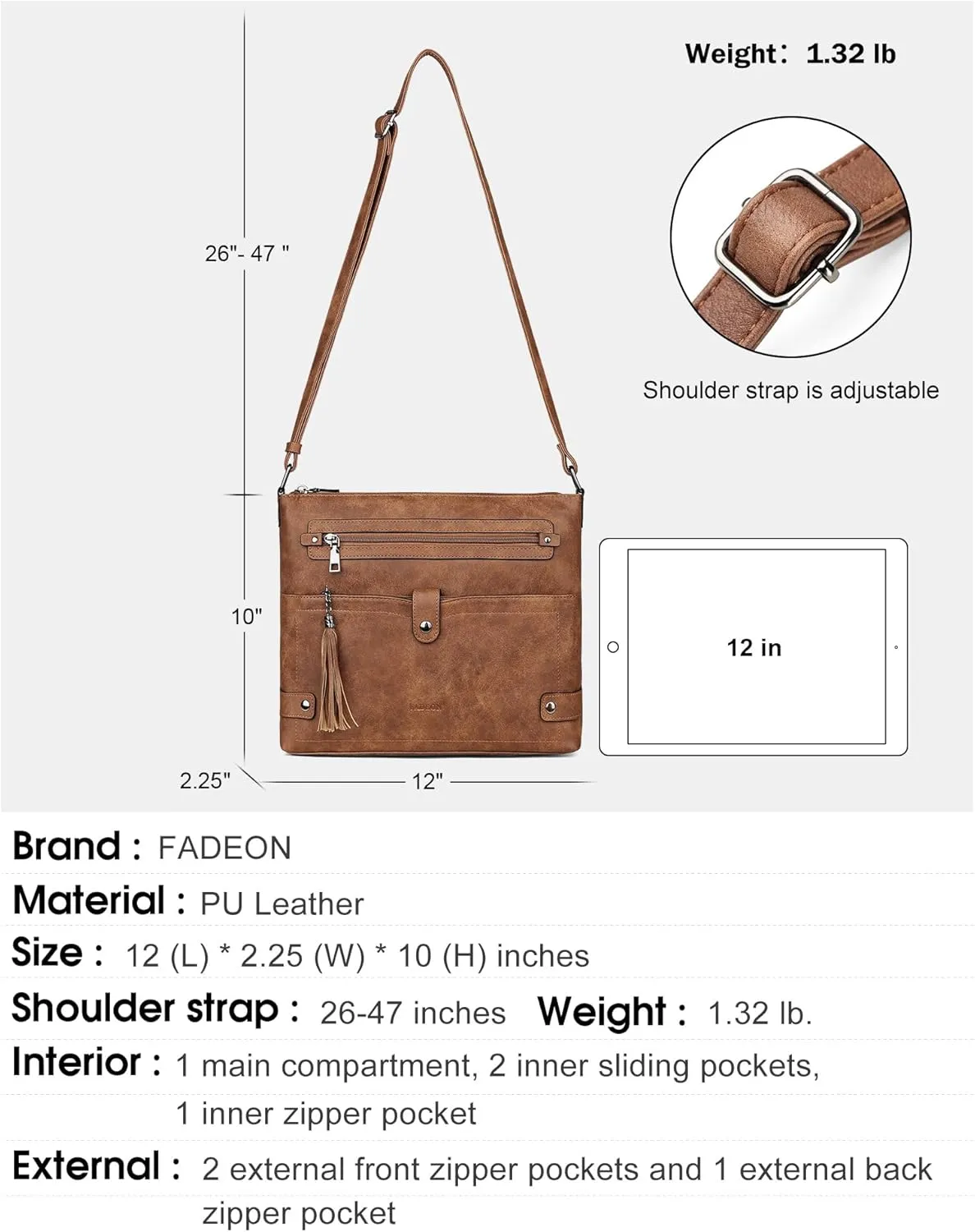 FADEON Large Crossbody Purses for Women Crossbody Bag, Designer Leather Cross Body Purses Multi Pocket Shoulder Bag