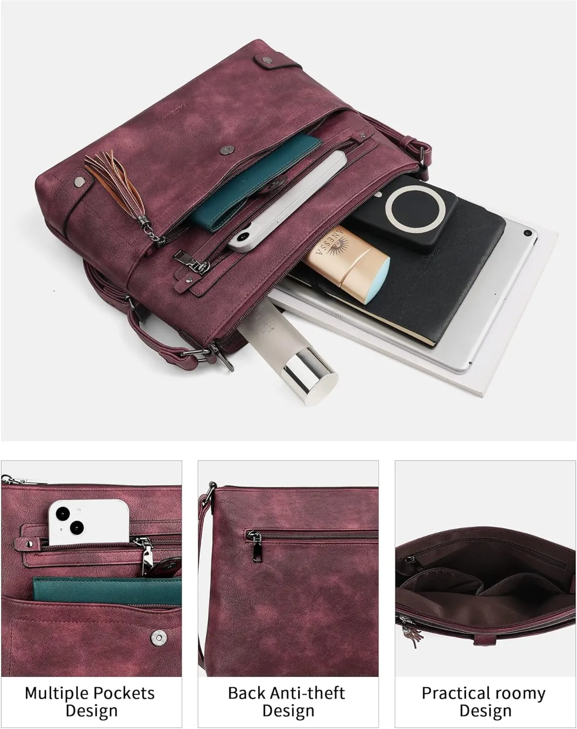 FADEON Large Crossbody Purses for Women Crossbody Bag, Designer Leather Cross Body Purses Multi Pocket Shoulder Bag