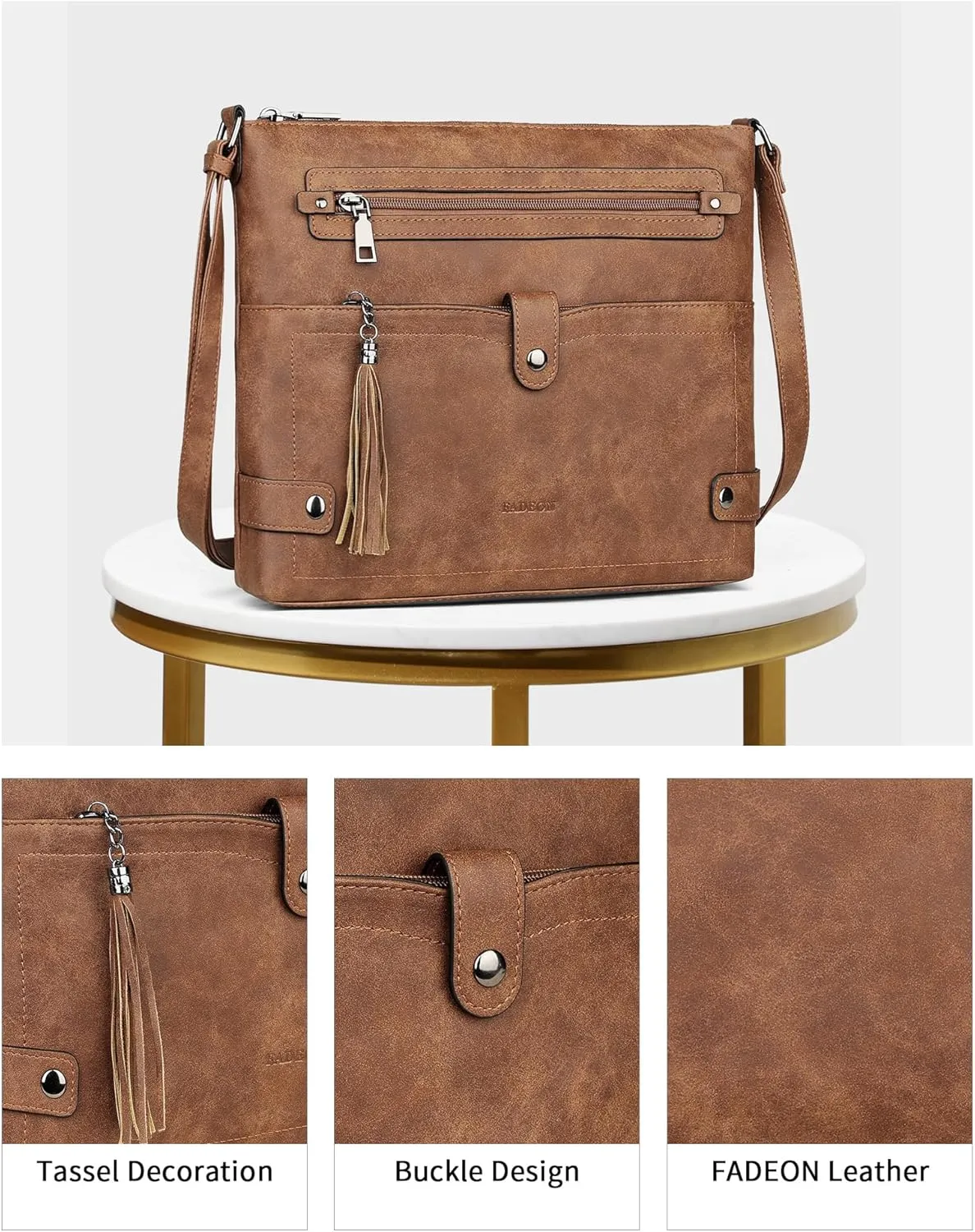FADEON Large Crossbody Purses for Women Crossbody Bag, Designer Leather Cross Body Purses Multi Pocket Shoulder Bag