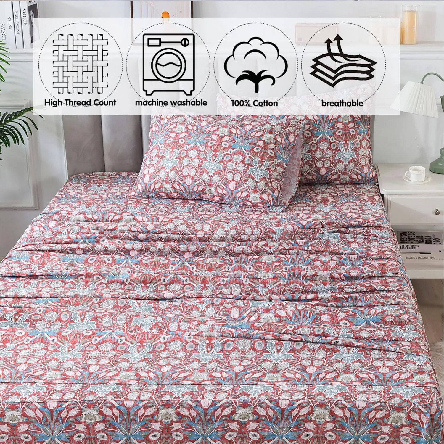 FADFAY Twin Sheet Set 100% Cotton Wine Red Boho Bed Sheets, Exotic Sheets Pomegranate Pattern Minimalist Bohemian Bedding, Soft Crisp & Cool Luxury Deep Pocket Fitted Sheet, 4Pcs