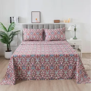 FADFAY Twin Sheet Set 100% Cotton Wine Red Boho Bed Sheets, Exotic Sheets Pomegranate Pattern Minimalist Bohemian Bedding, Soft Crisp & Cool Luxury Deep Pocket Fitted Sheet, 4Pcs