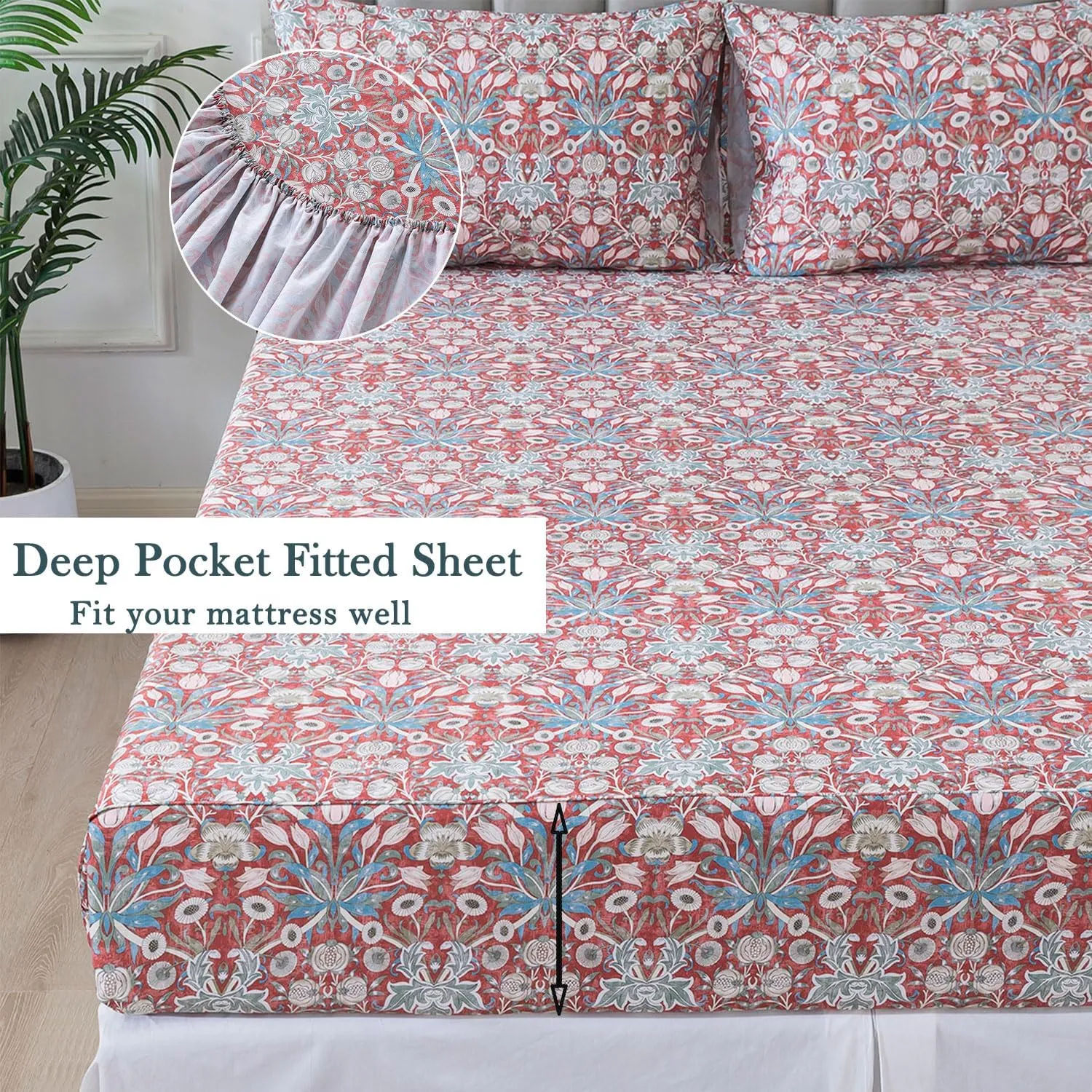 FADFAY Twin Sheet Set 100% Cotton Wine Red Boho Bed Sheets, Exotic Sheets Pomegranate Pattern Minimalist Bohemian Bedding, Soft Crisp & Cool Luxury Deep Pocket Fitted Sheet, 4Pcs