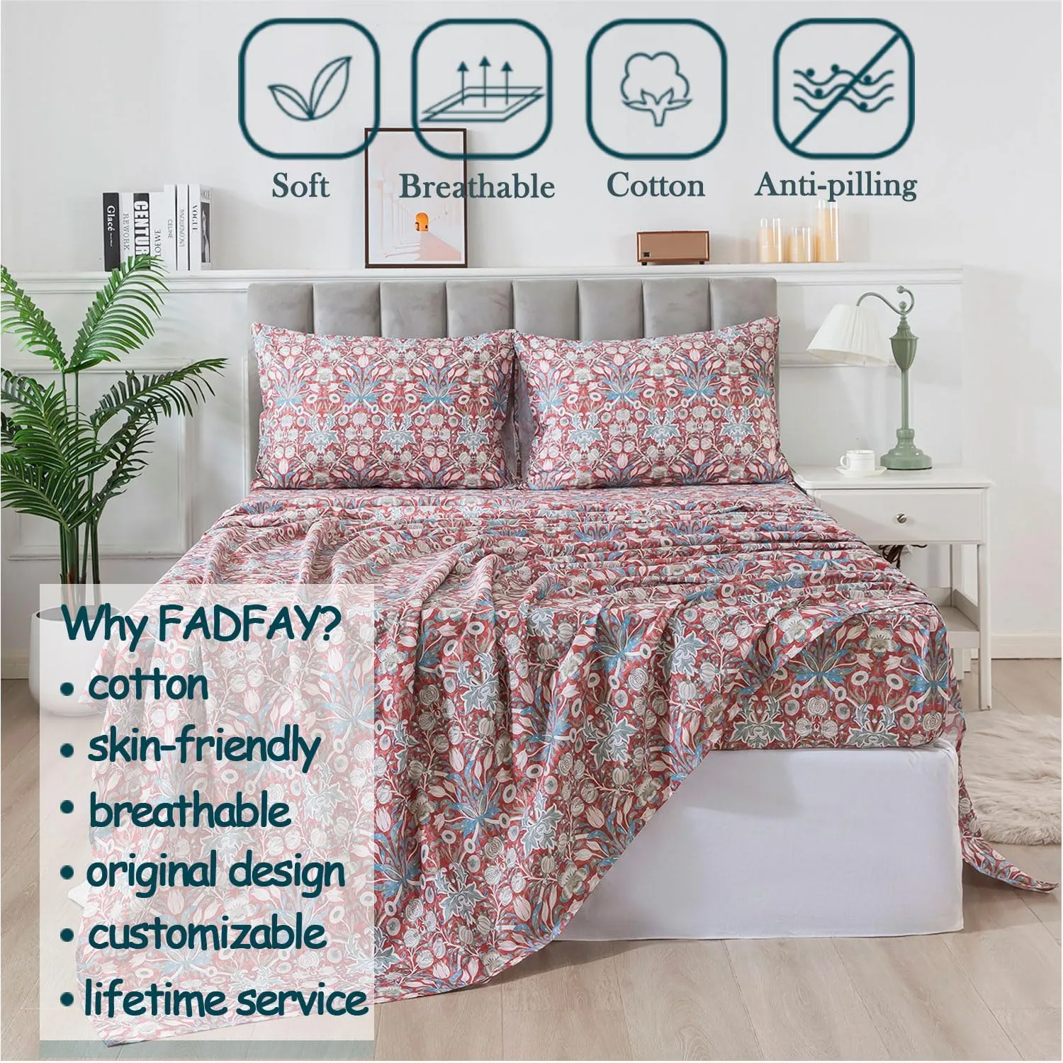 FADFAY Twin Sheet Set 100% Cotton Wine Red Boho Bed Sheets, Exotic Sheets Pomegranate Pattern Minimalist Bohemian Bedding, Soft Crisp & Cool Luxury Deep Pocket Fitted Sheet, 4Pcs