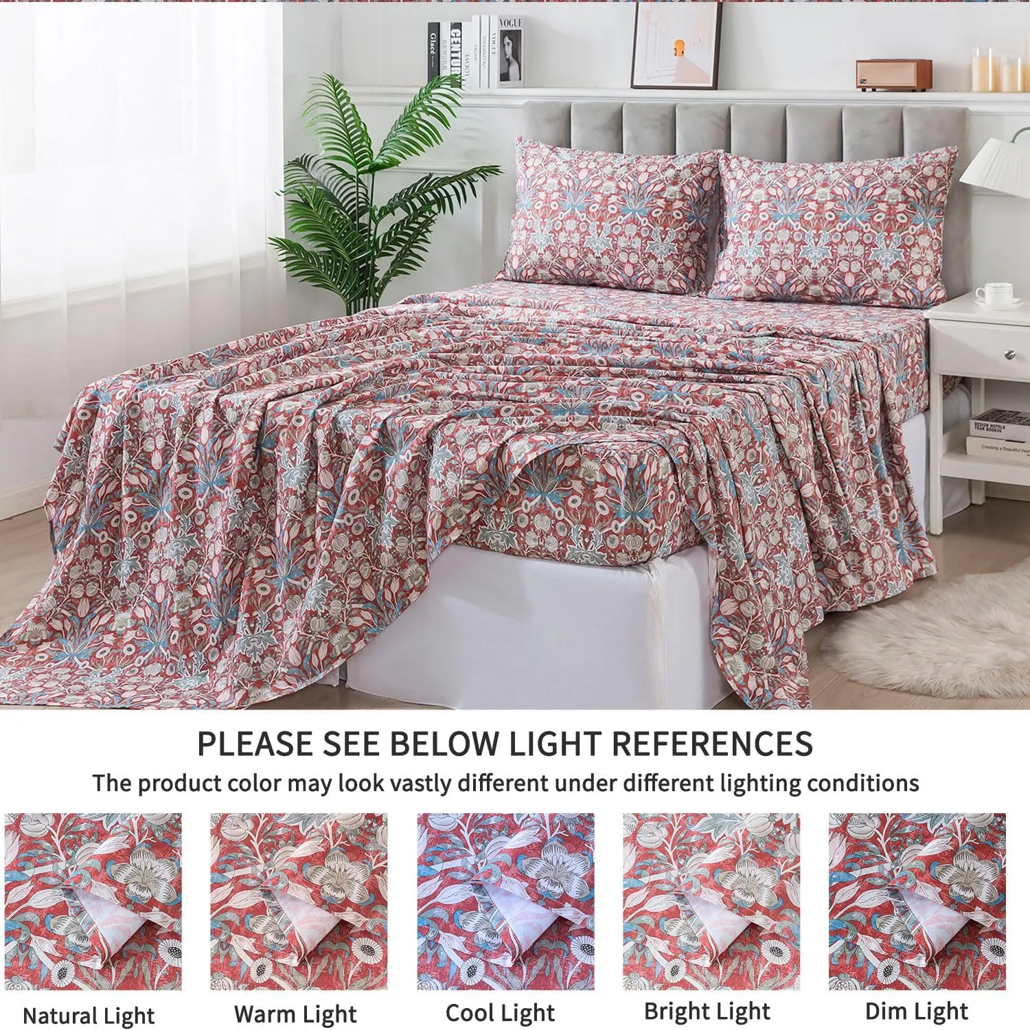 FADFAY Twin Sheet Set 100% Cotton Wine Red Boho Bed Sheets, Exotic Sheets Pomegranate Pattern Minimalist Bohemian Bedding, Soft Crisp & Cool Luxury Deep Pocket Fitted Sheet, 4Pcs