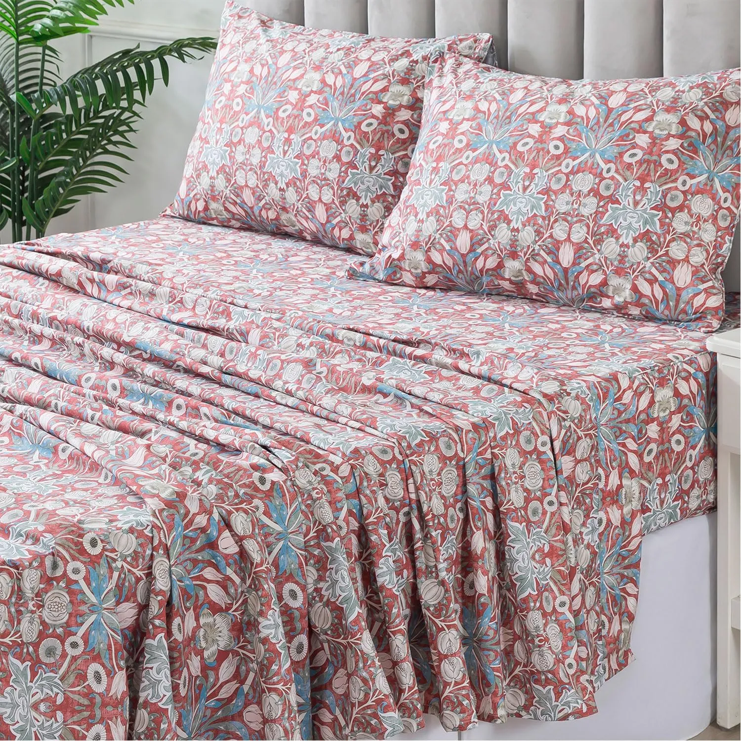 FADFAY Twin Sheet Set 100% Cotton Wine Red Boho Bed Sheets, Exotic Sheets Pomegranate Pattern Minimalist Bohemian Bedding, Soft Crisp & Cool Luxury Deep Pocket Fitted Sheet, 4Pcs