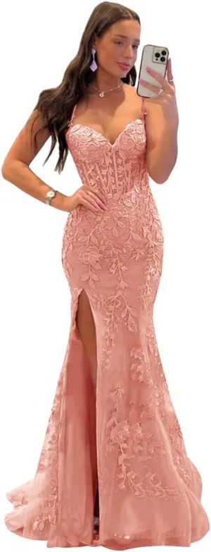 Fanciest Women's Spaghetti Straps Mermaid Prom Dresses 2024 Lace Appliques Long Formal Evening Party Gowns with Slit