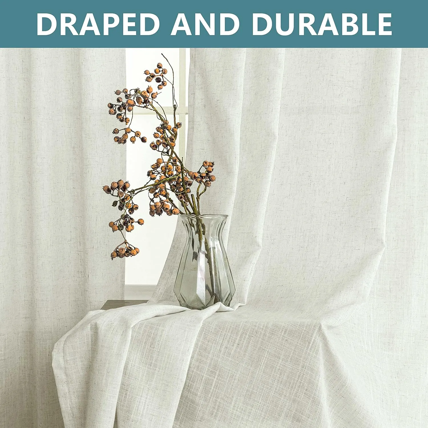 Farmhouse Linen Curtains - 84 Inch Length, 2 Panels Set, Tab Top Semi Sheer Light Filtering Country Boho Curtains for Living Room, Bedroom, Nursery, 52x84 Inches, Neutral Cream