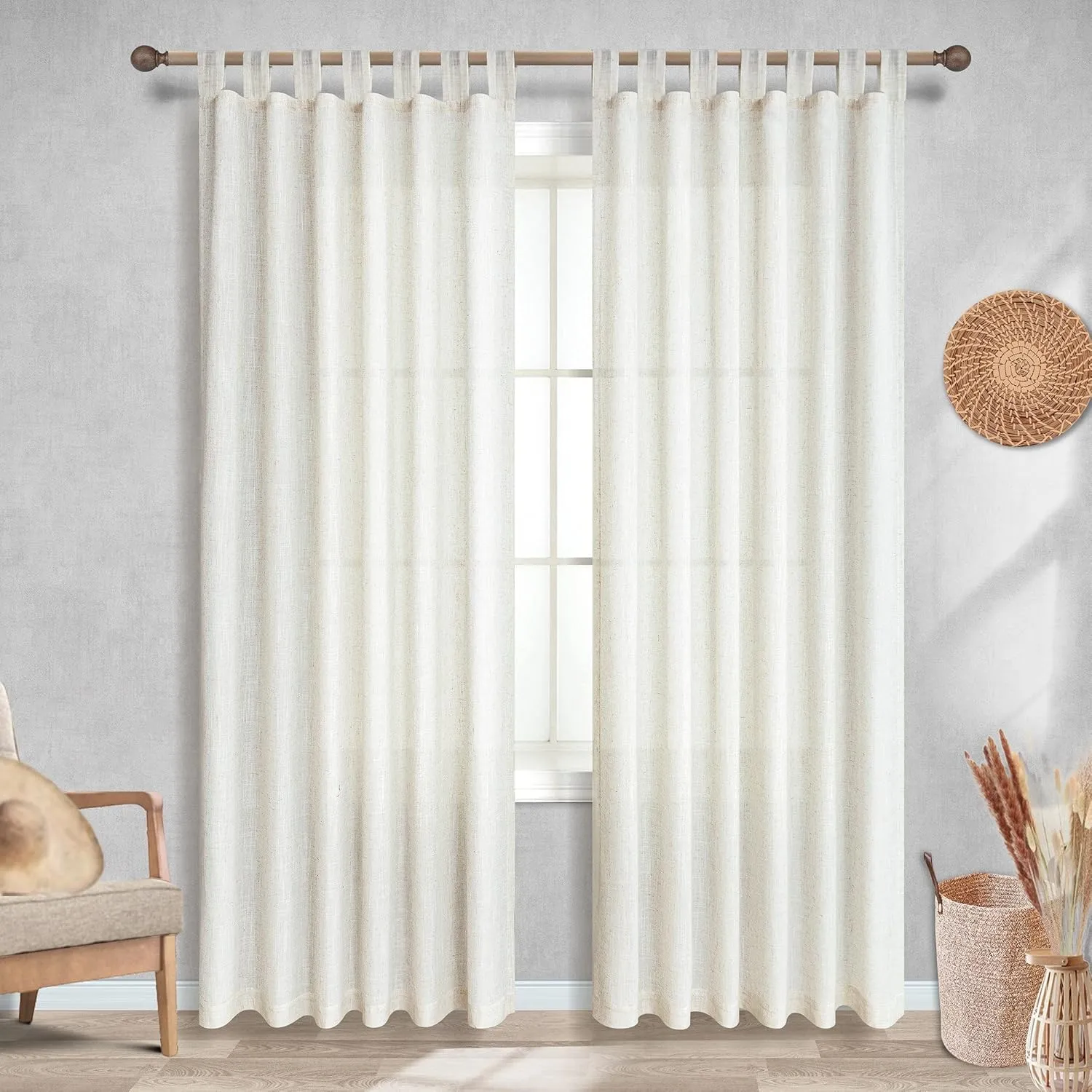 Farmhouse Linen Curtains - 84 Inch Length, 2 Panels Set, Tab Top Semi Sheer Light Filtering Country Boho Curtains for Living Room, Bedroom, Nursery, 52x84 Inches, Neutral Cream