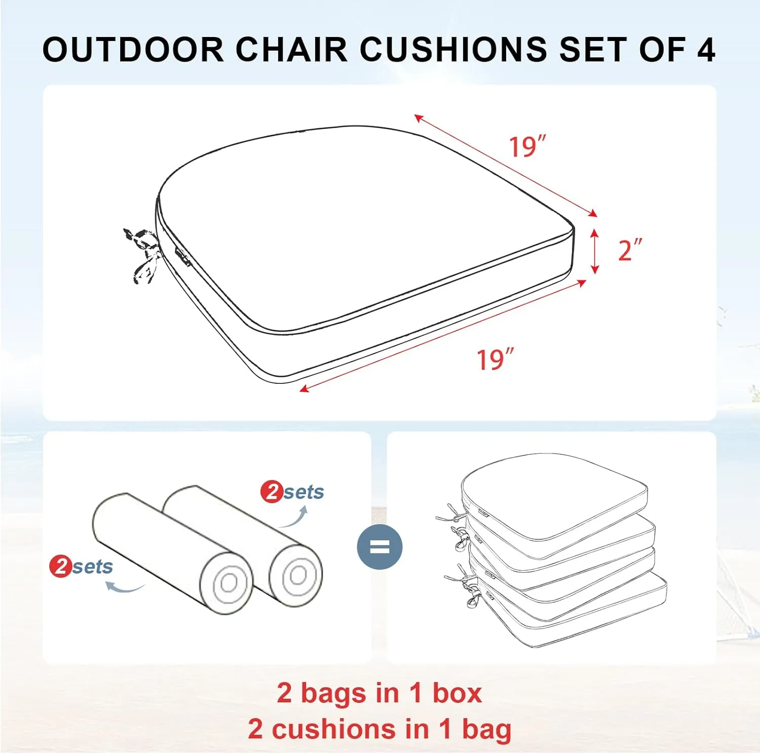 Favoyard Outdoor Chair Cushions 19"x19"x2" Set of 4 Waterproof Seat Cushion for Patio Furniture with 3-Year Fade Resistant Removable Cover Attach Straps Hidden Zipper Round Corner for Yard Garden