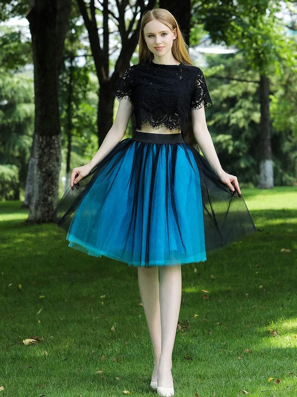 FEOYA Women Tutu Skirts 5 Layered Knee Length Tulle Skirt A-line Pleated Princess Skirts Evening Gown Prom Wedding Skirt