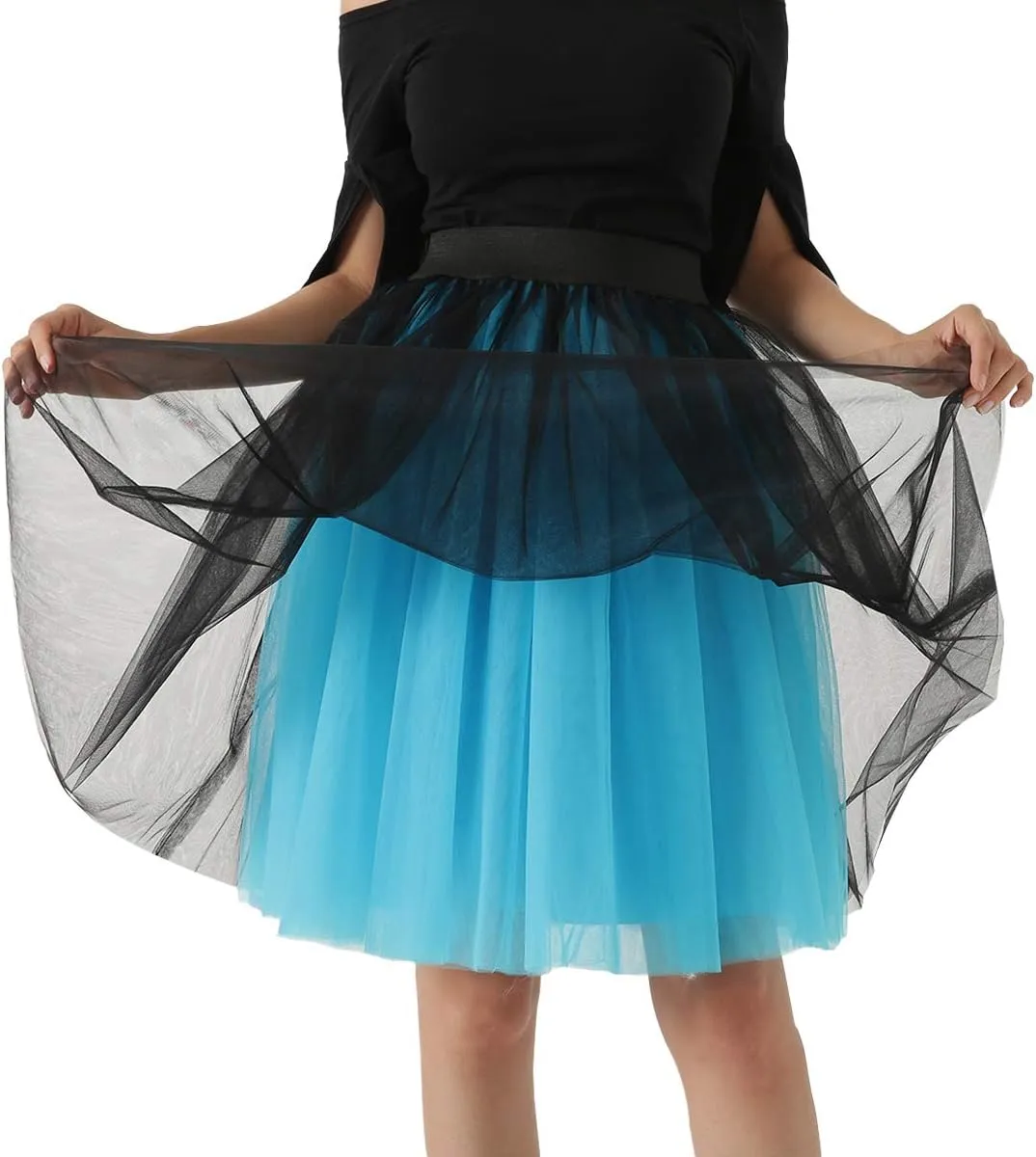 FEOYA Women Tutu Skirts 5 Layered Knee Length Tulle Skirt A-line Pleated Princess Skirts Evening Gown Prom Wedding Skirt