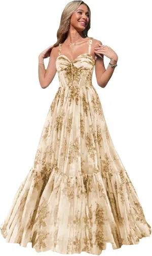 Floral Prom Dresses for Women Tiered Ruffle Long Formal Evening Gown