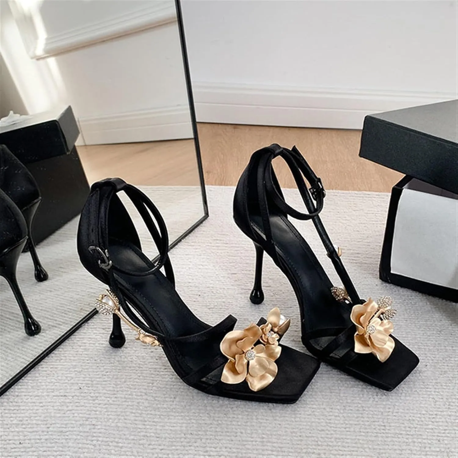 Flower Ankle Strap High Heels for Women Square Toe Stiletto Heeled Sandals