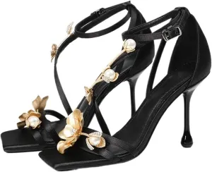 Flower Ankle Strap High Heels for Women Square Toe Stiletto Heeled Sandals