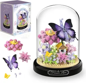 Flower Bouquet Building Set, 582 PCS Butterfly Bouquet Botanical Collection Mini Building Toy with Dust Cover, Artificial Flowers Home Office Decor, Birthday Gift for Adults Kids Girls Ages 8 