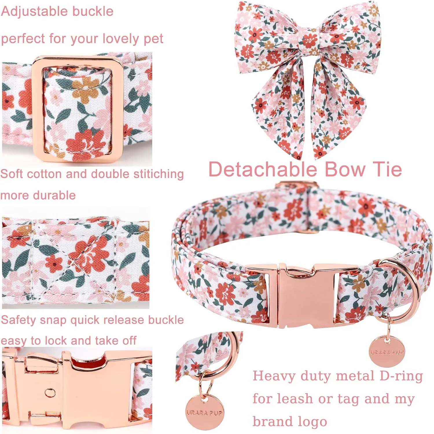 Flower Bowtie Dog Collar - Summer Comfortable Cotton Collar With Metal Buckle for Puppy Boy Girl, L