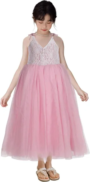 Flower Girl Dress for Wedding, Girls Full Length Fancy Tutu Tulle Tiered Lace Party Dresses
