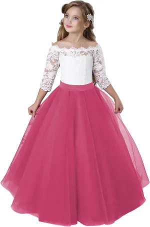 Flower Girl Dress Long Sleeve Kids Lace Pageant Party Christmas Ball Gown First Communion Dresses